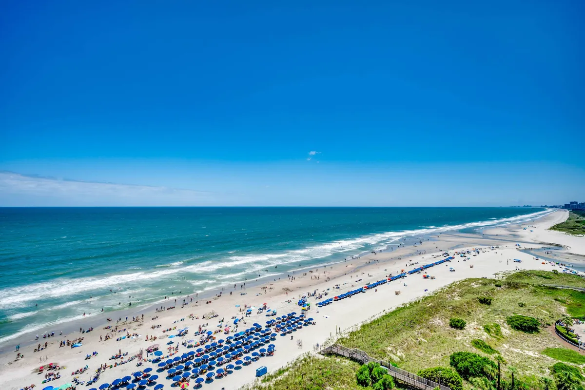 A vibrant beach scene featuring colorful umbrellas dotting the sand, gentle waves rolling in, families and friends relaxing, and playful activity along the shoreline. Dunes frame the edges, adding to the natural beach atmosphere.