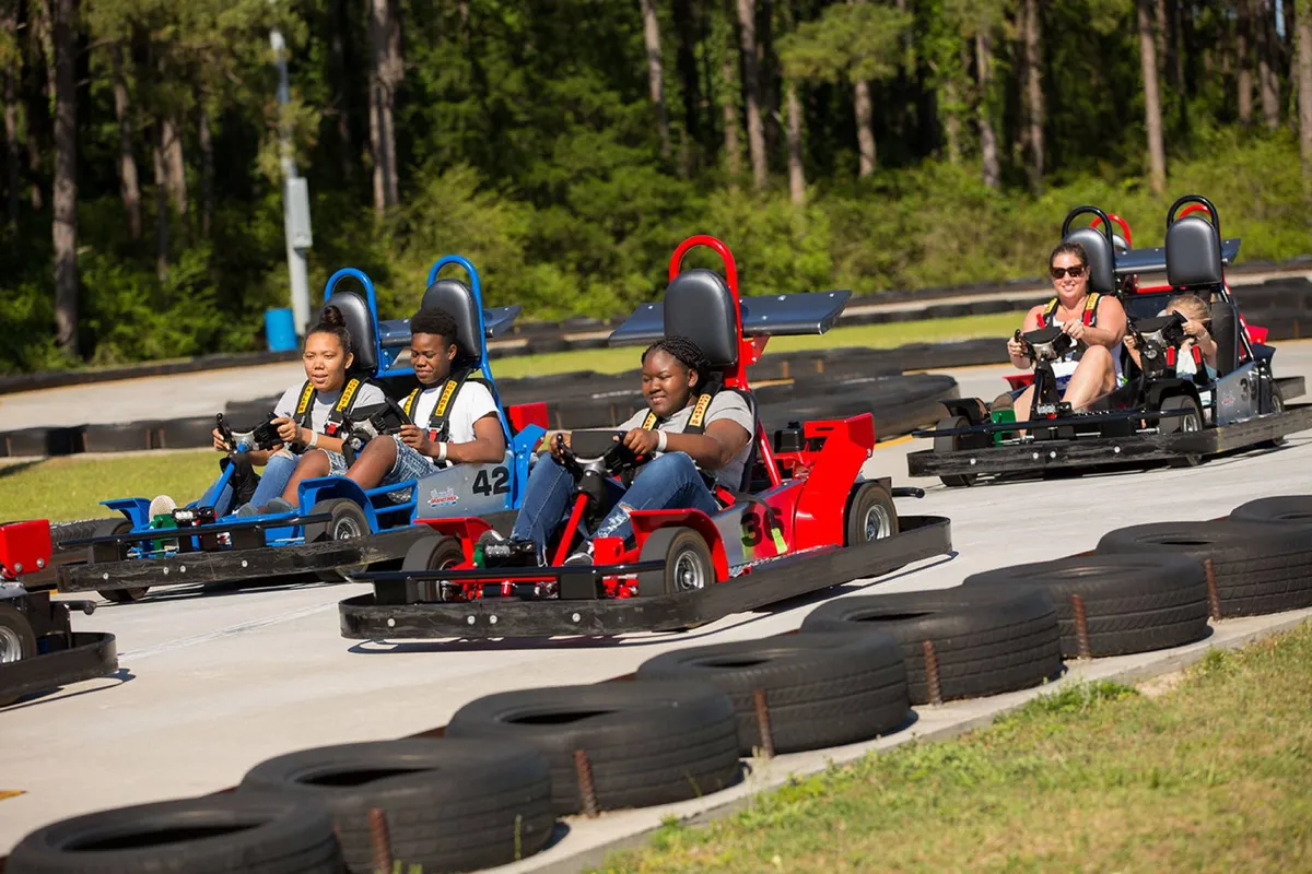 A dynamic go-kart track scene with families and friends racing around twists and turns, surrounded by lush greenery. The mood is playful and energetic, highlighting friendly competition and laughter.